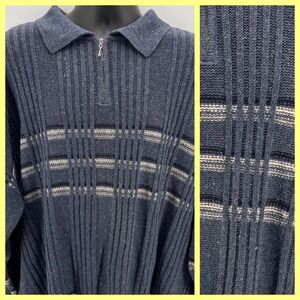 VTG‎ Pazzo Sweater Mens 3X Blue Vertical Striped Quarter Zip Ramie Cotton 90s